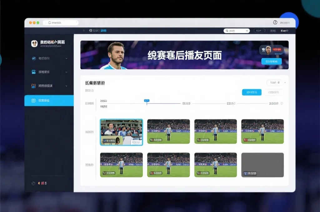 比赛结束后，电视屏幕展示集锦回放页面，旁边有时间轴和多角度切换提示